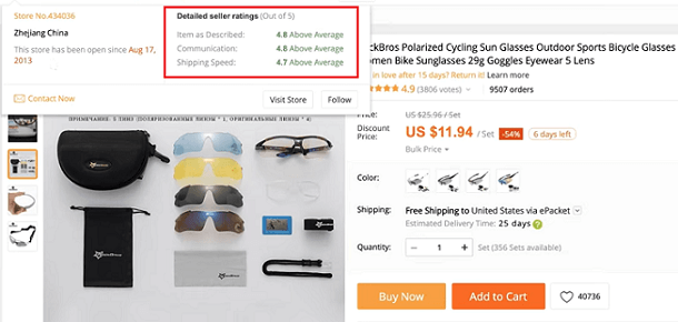 Checking product and supplier rating on AliExpress