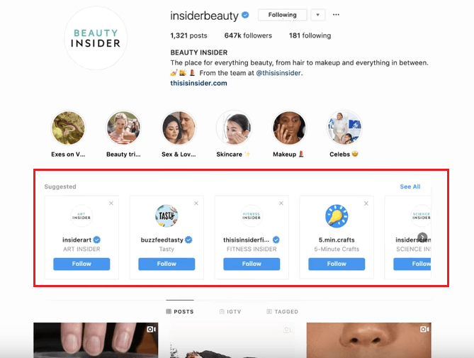 Looking up suggested accounts on Instagram for potential product recommendations