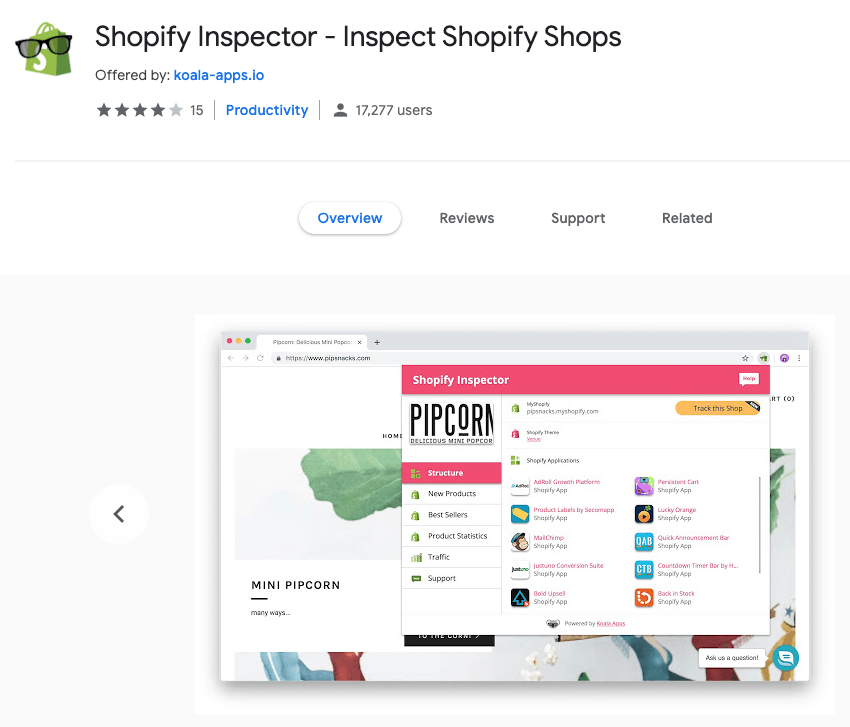 Chrome Erweiterung Shopify Inspectore - Screenshot