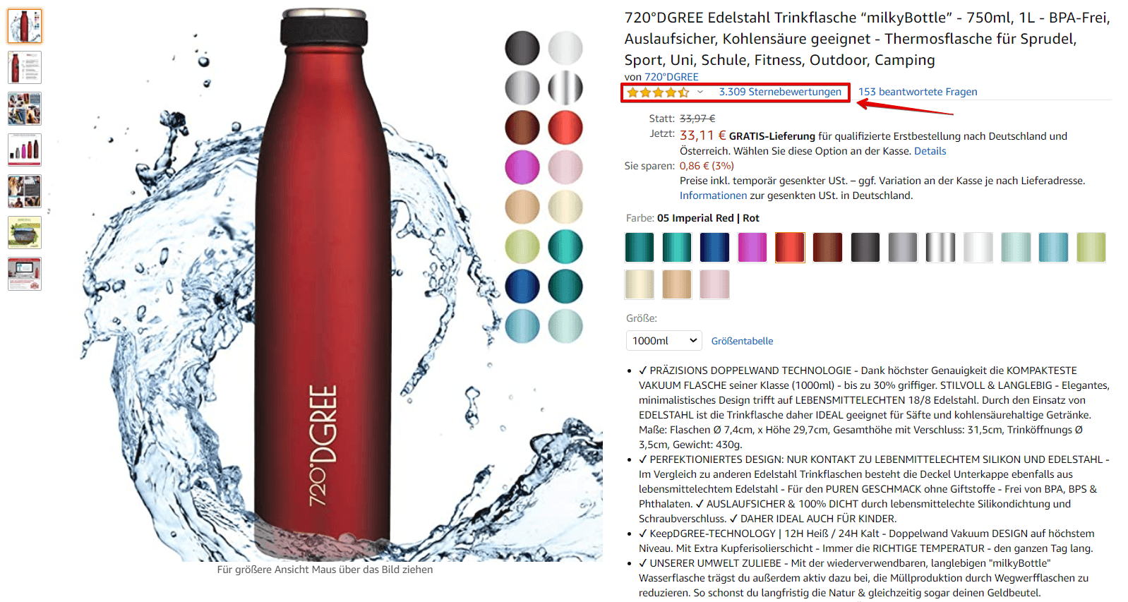 Wasserflaschen mit verschiedenen Farboptionen