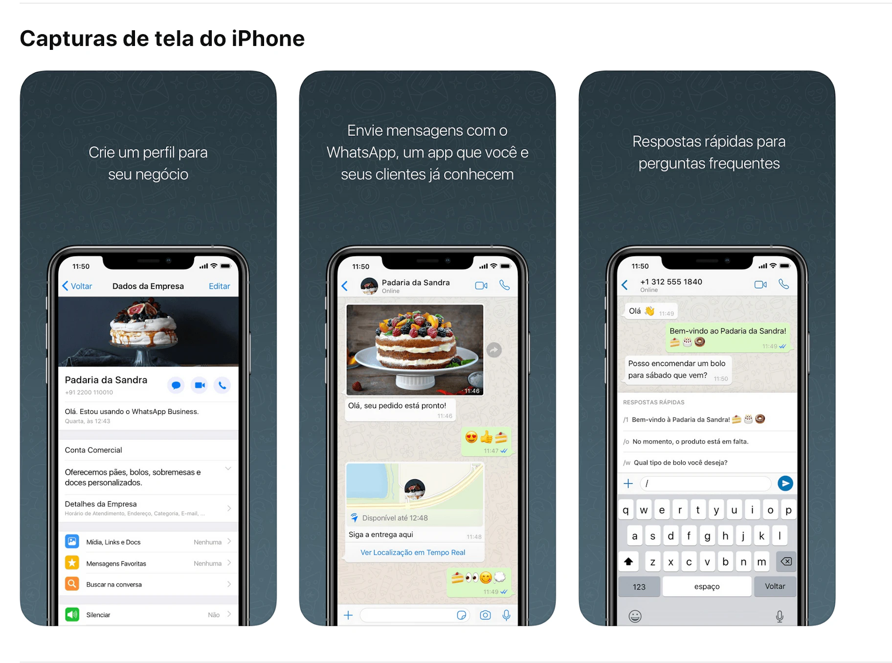 Três capturas de tela de iPhones com conteúdo sobre as vendas no Whatsapp, mostrando a criação de perfis para negócios, envio de mensagens pelo Whatsapp e a opção de respostas rápidas para perguntas frequentes.