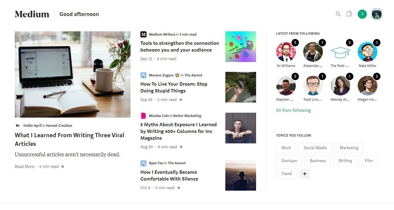Screenshot of Medium homepage