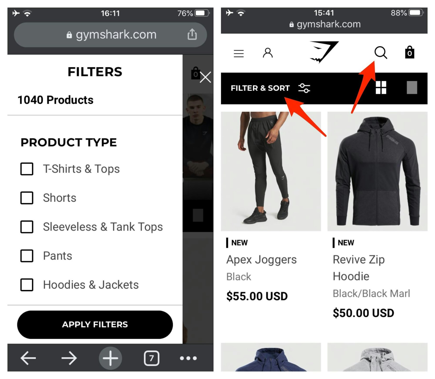 Gymshark Search and Filter Features