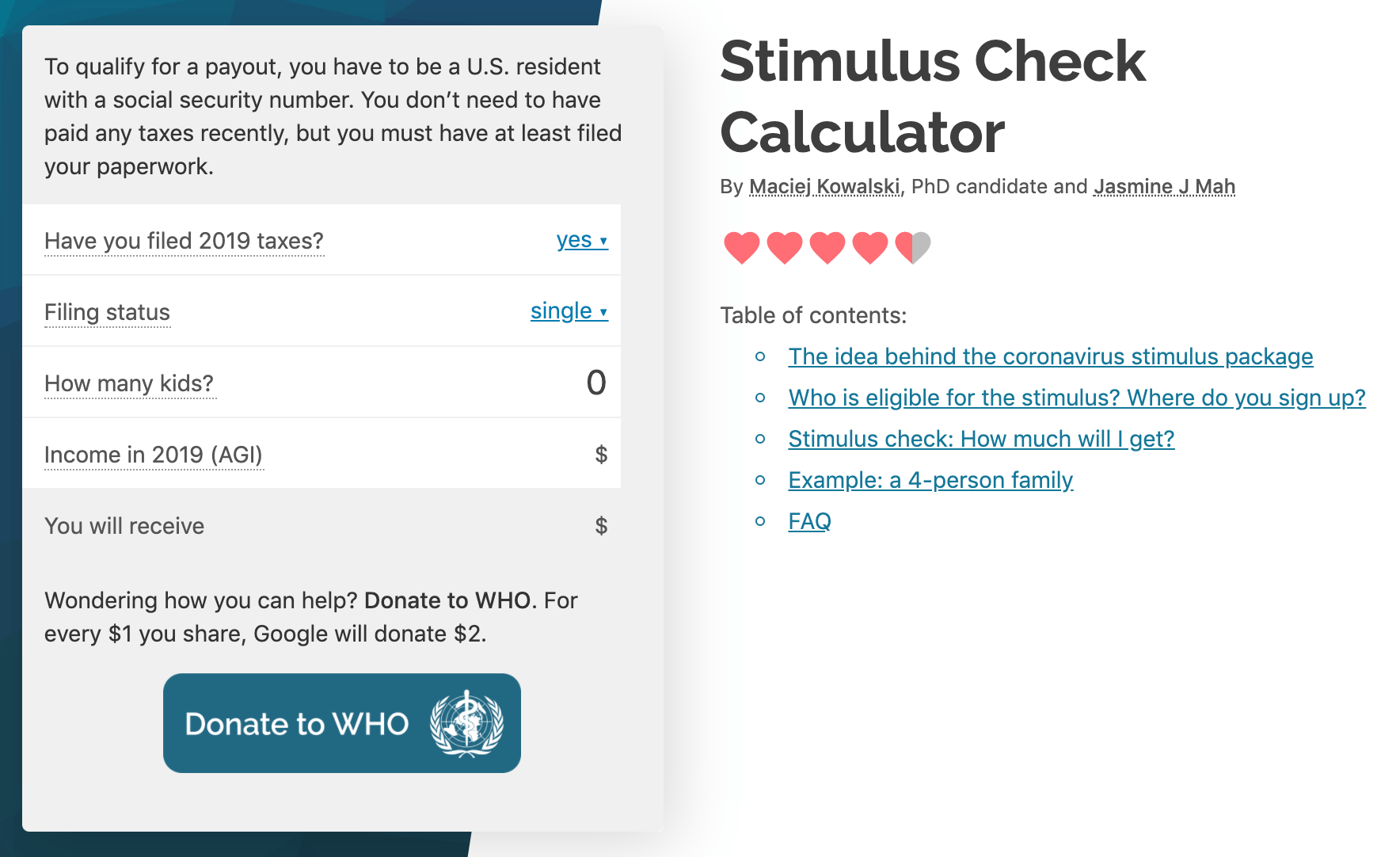 U.S. Stimulus Check Calculator