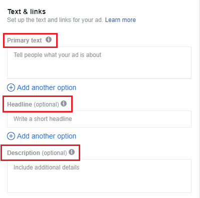 Adding text and links to your Facebook ad