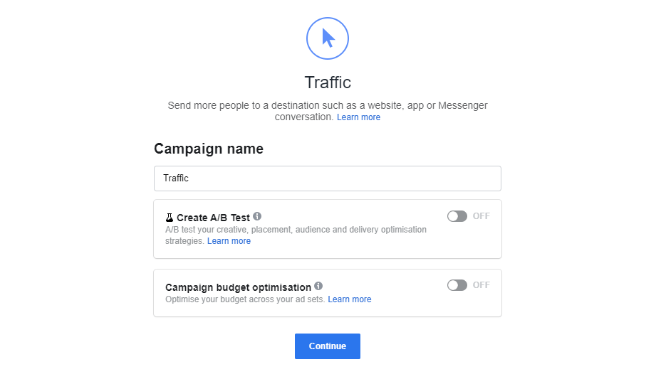 Traffic as a campaign objective for Facebook ads