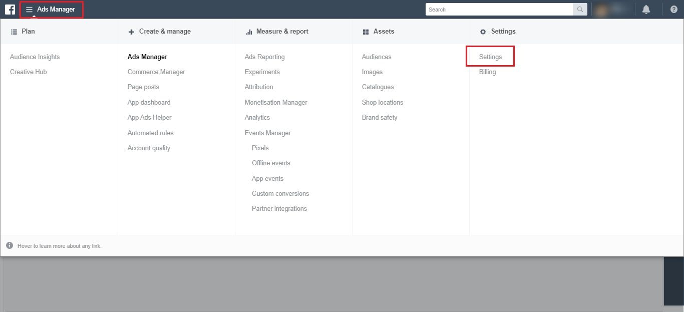 Accessing Facebook ads manager settings