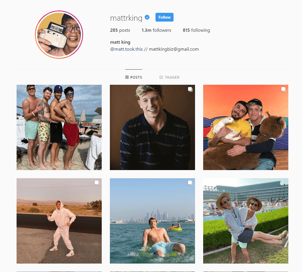 Screenshot of Instagram Influencer Matt King