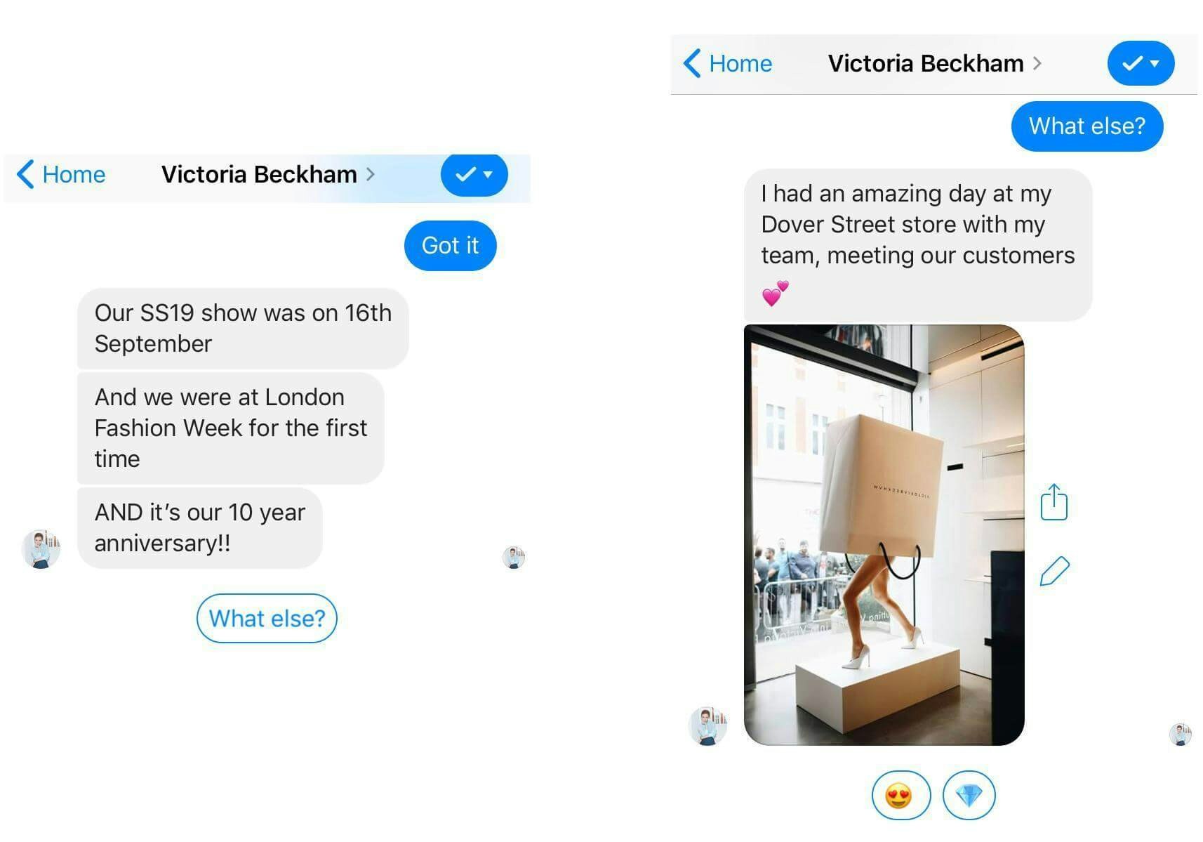 victoria beckham facebook chatbot updates