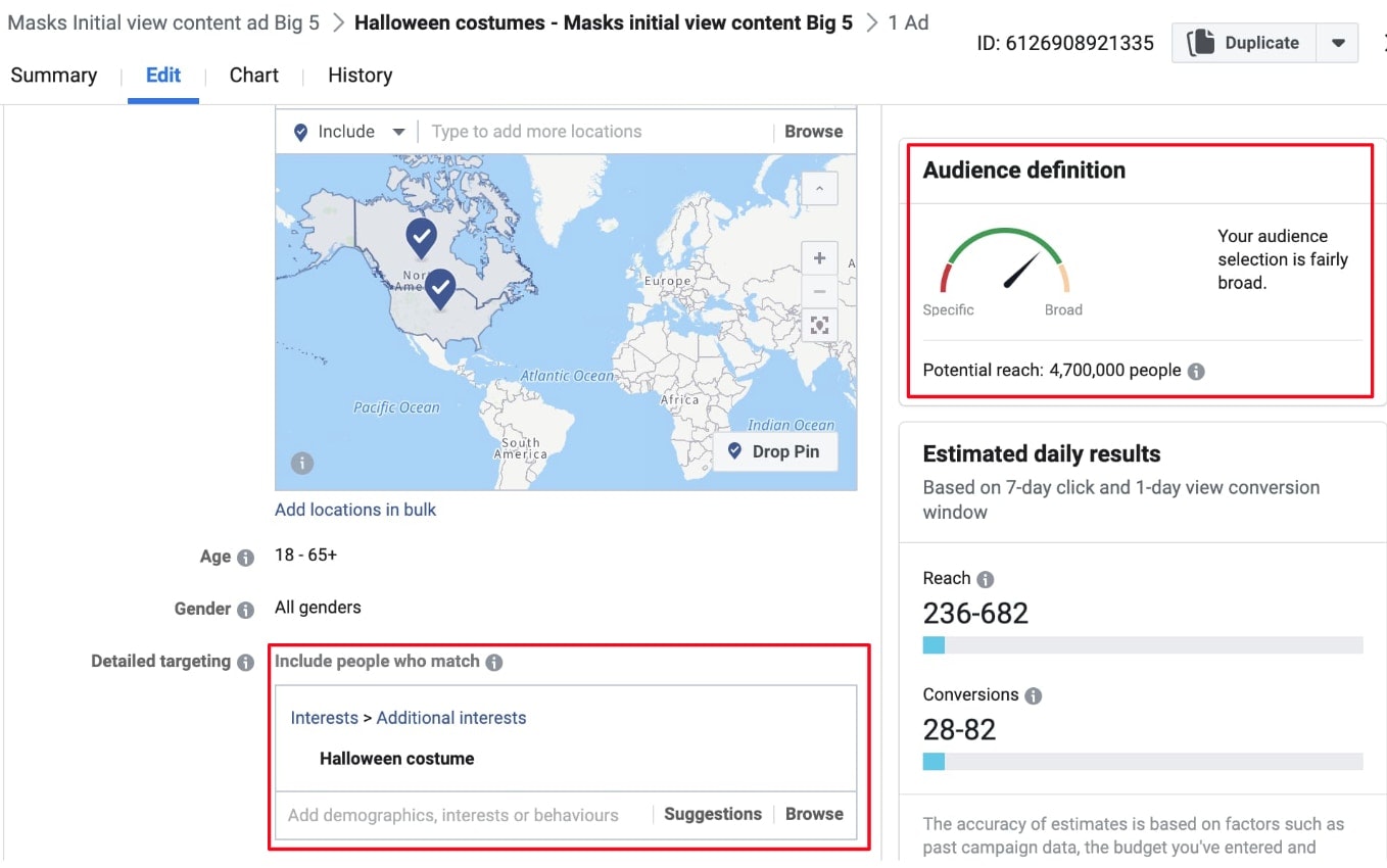 a screenshot showing the audience definition for a FB ad