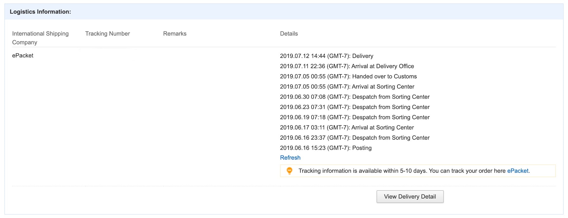 Tracking standard delivery from china