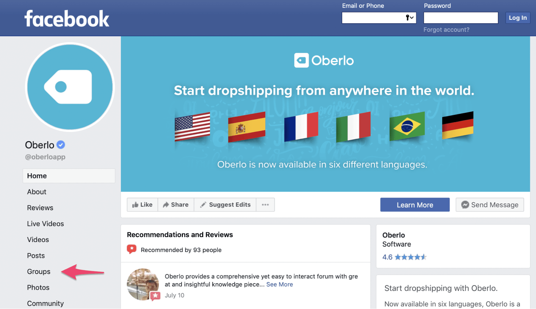 Screenshot of Oberlo Facebook page