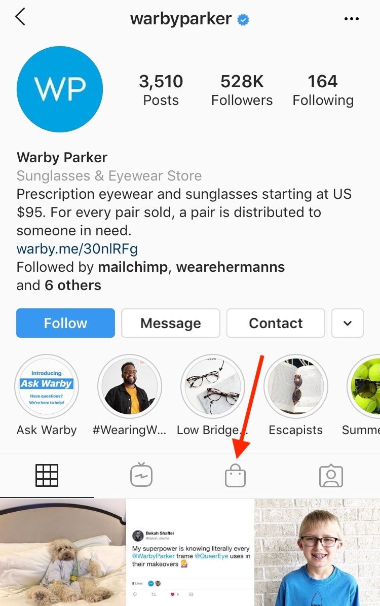 Screenshot of Warby Parker shop tab on instagram