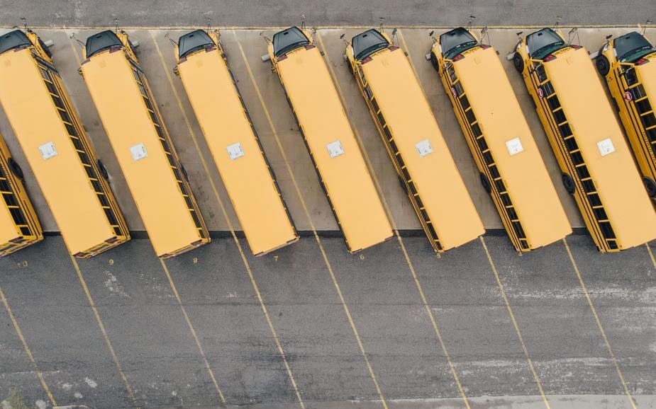 Parked yellow school buses