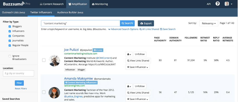 Screenshot of Buzzsumo dashboard for finding influencers