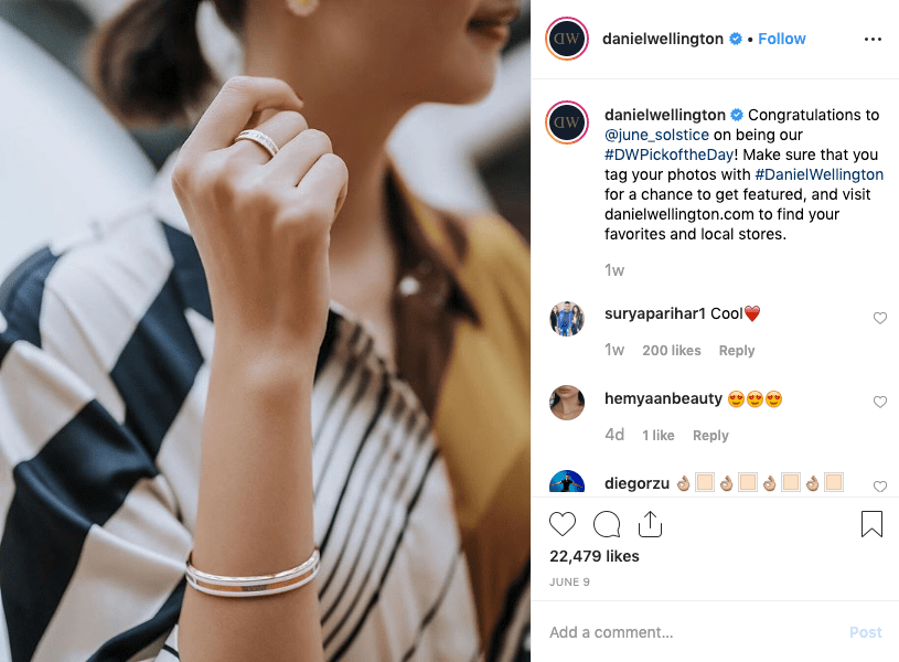 Screenshot of watch brand Daniel Wellington's Instagram featuring a micro-influencer