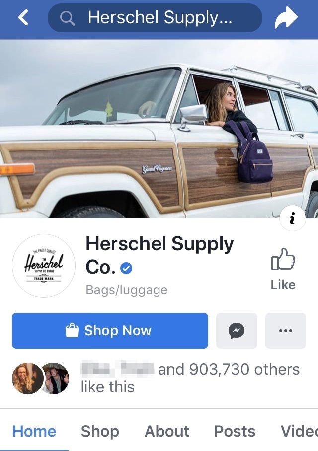 Page Facebook de Herschel Supply sur mobile