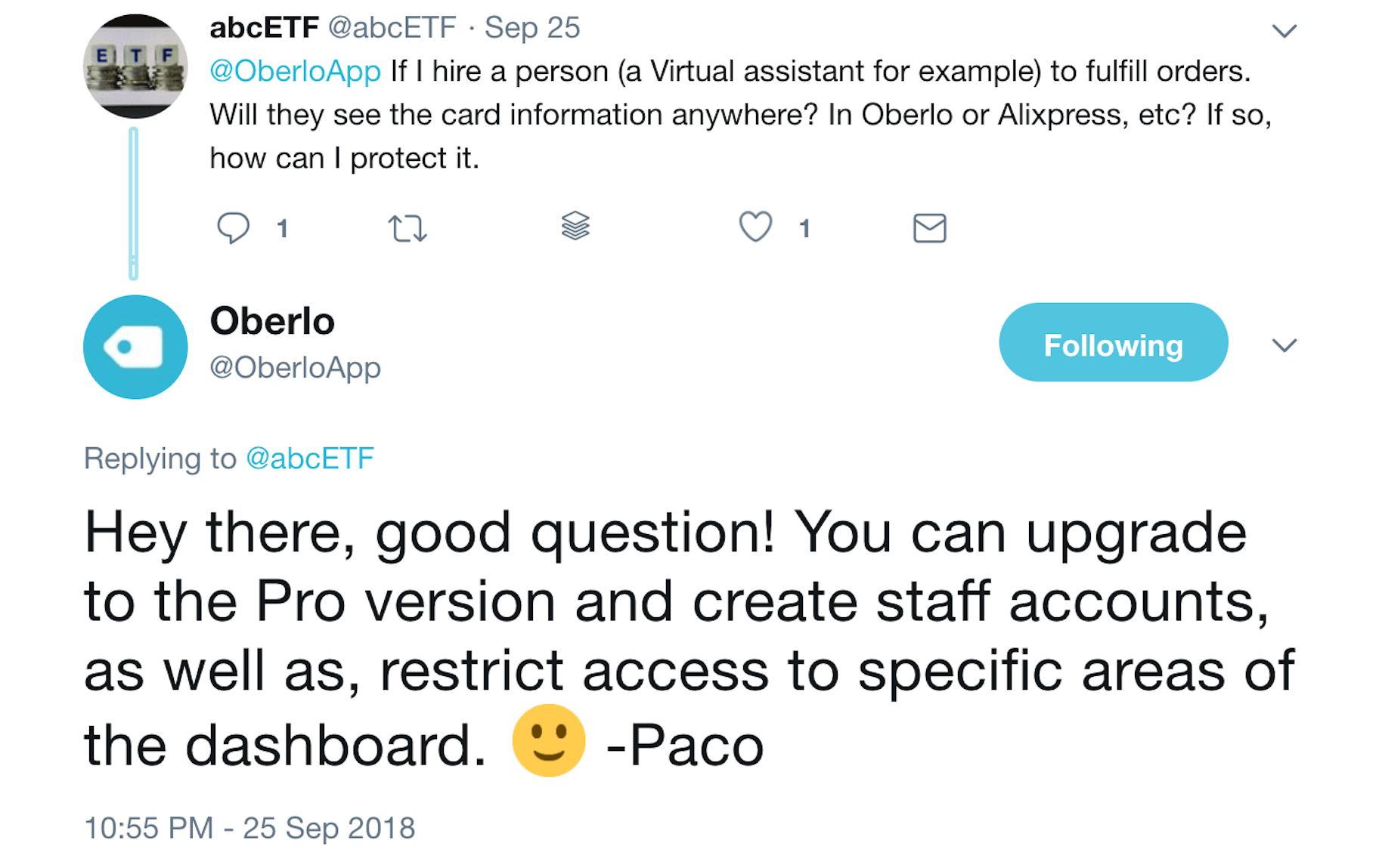  Oberlo Twitter Response 