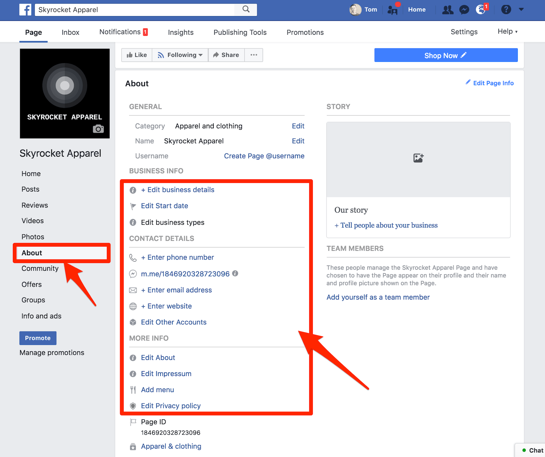 Detalles de la página de negocios de Facebook