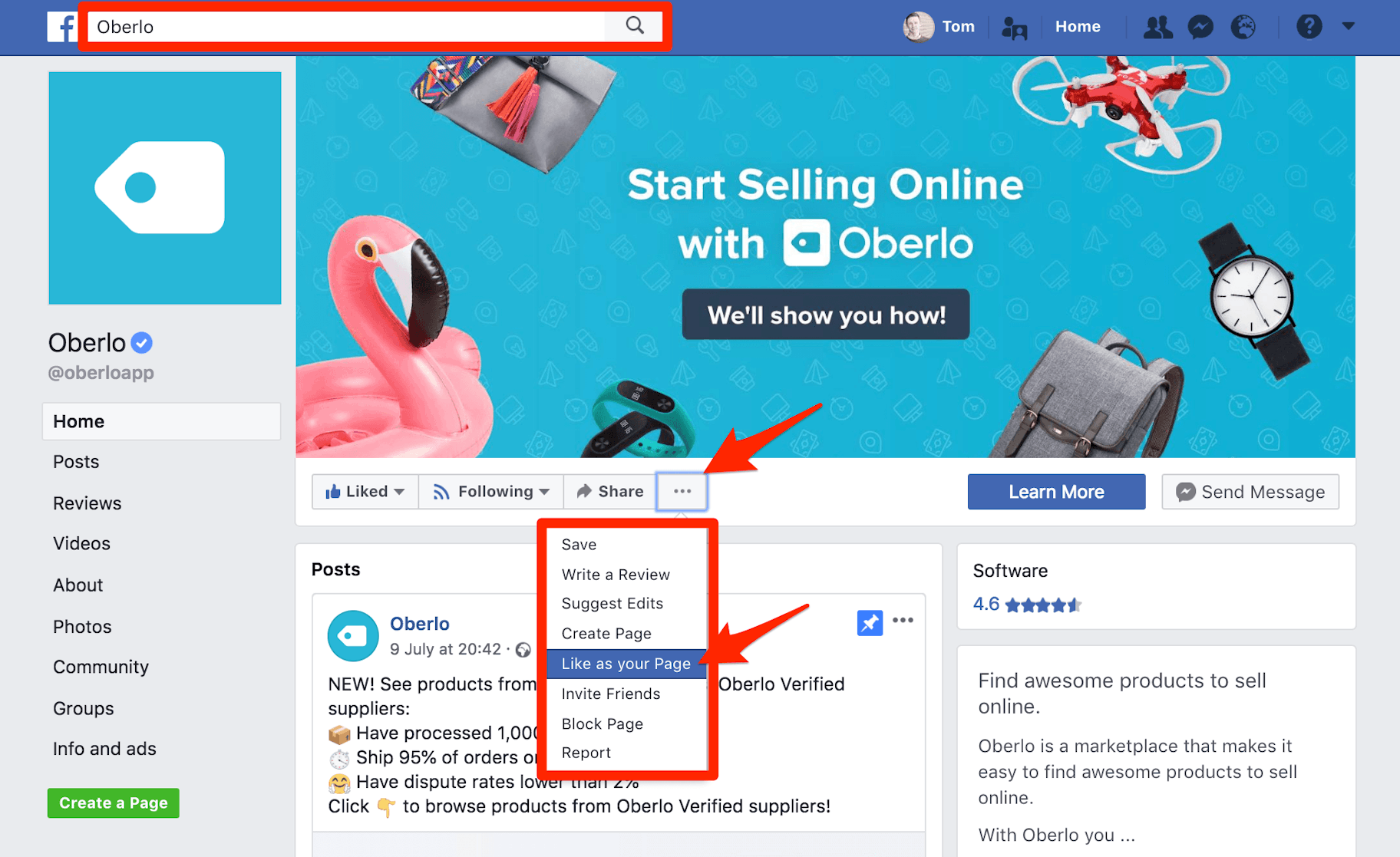 Facebook Business Page Like as Page
