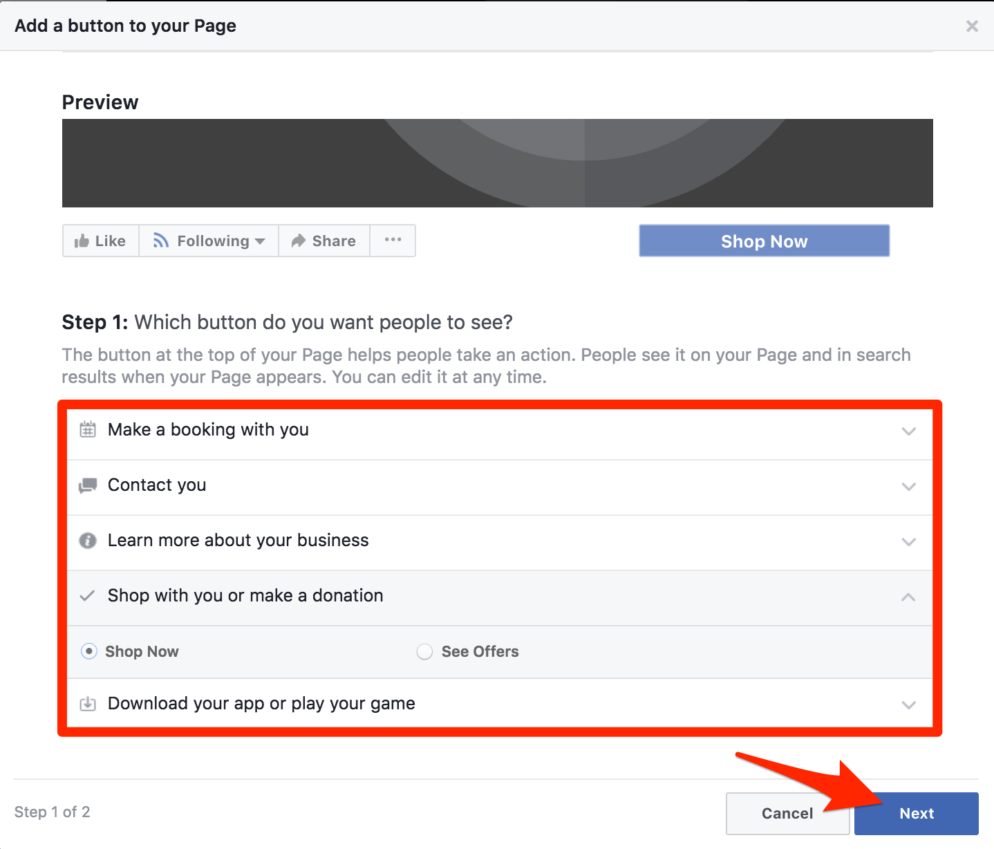 Facebook business page edit button