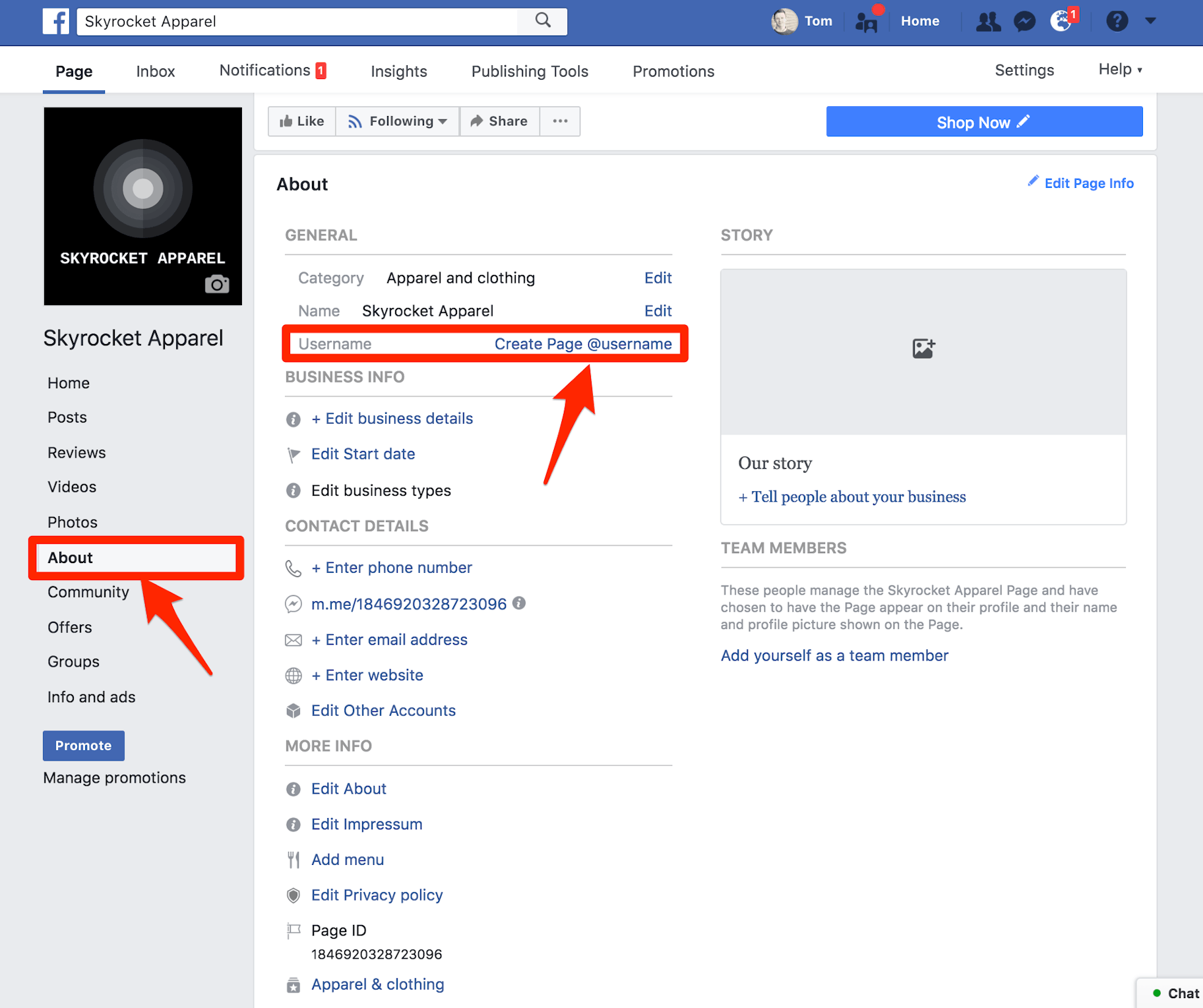 Nome utente della pagina aziendale di Facebook