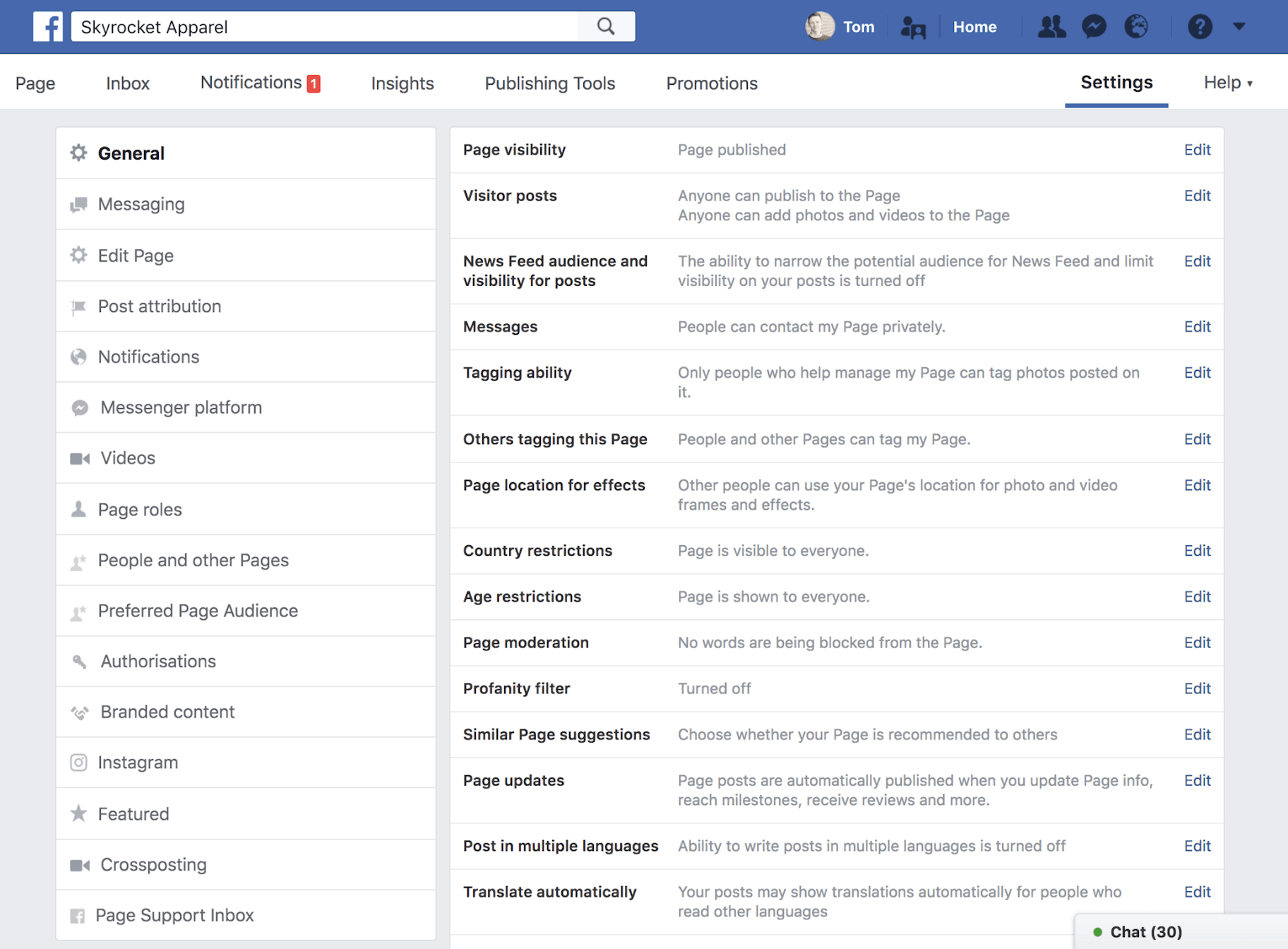 Configuración de la página de negocios de Facebook