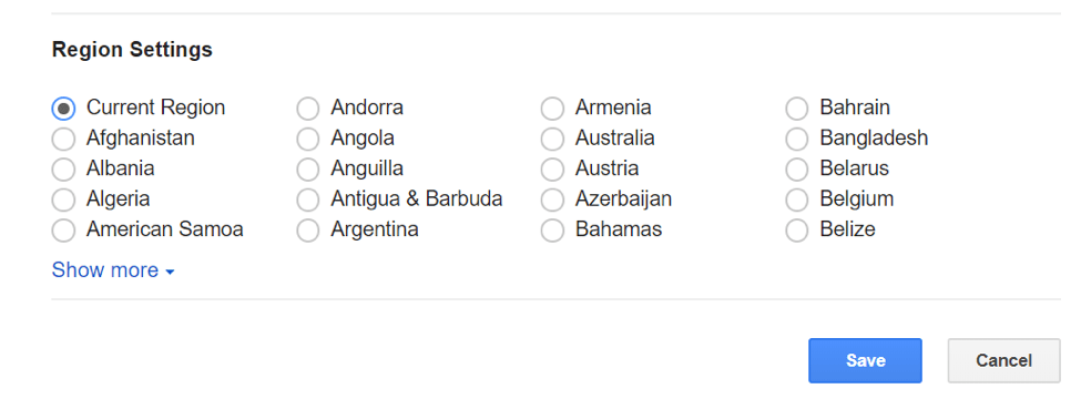 region settings Google Search
