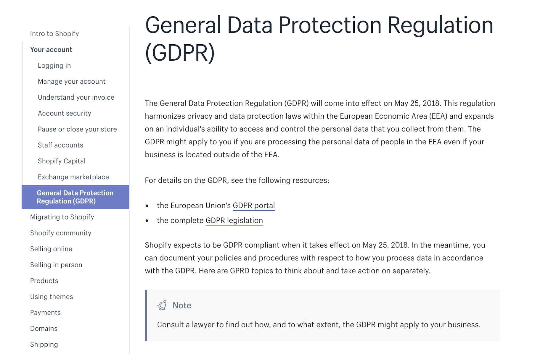Shopify's GDPR compliance section in user manual