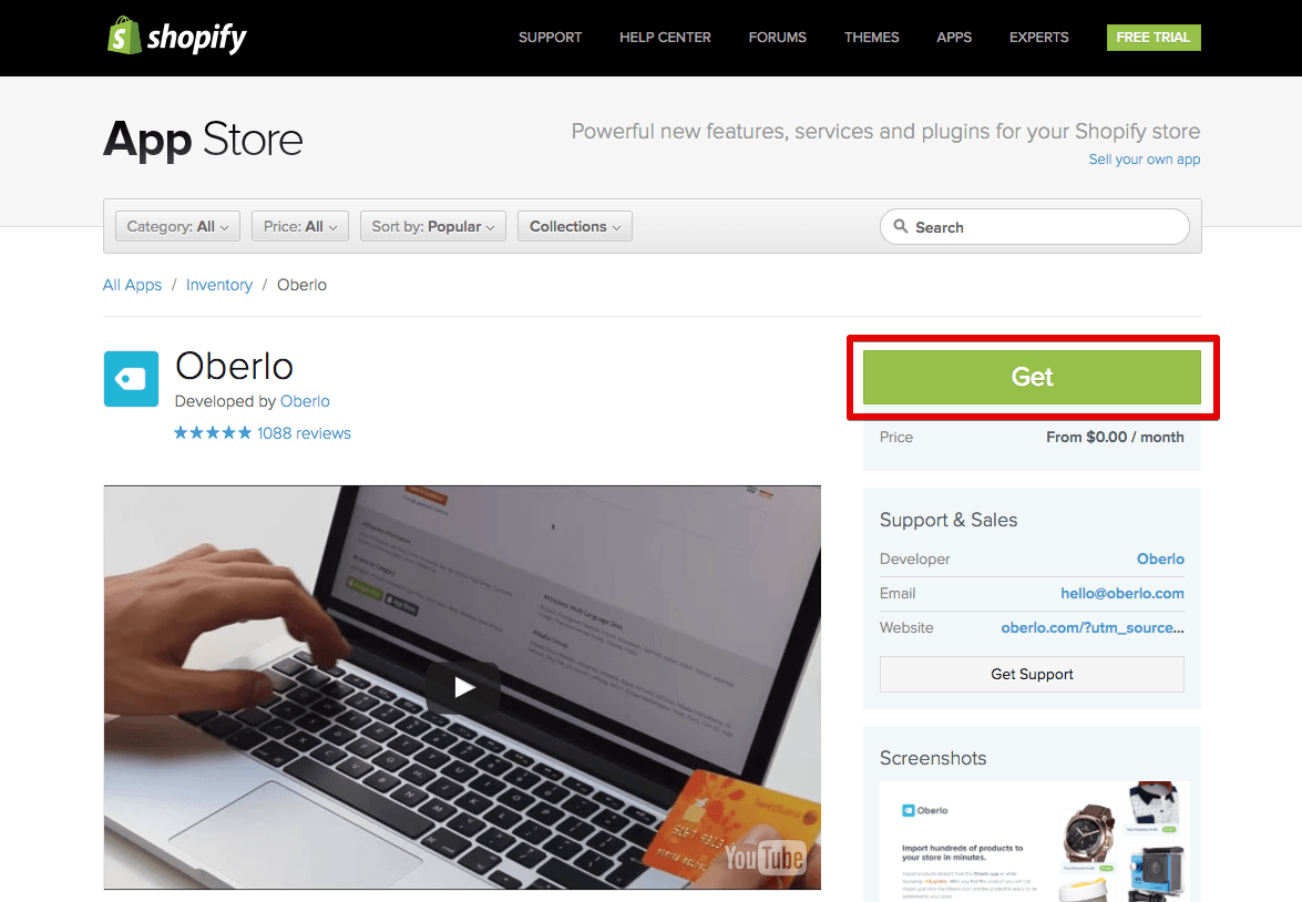 Oberlo App on Shopify
