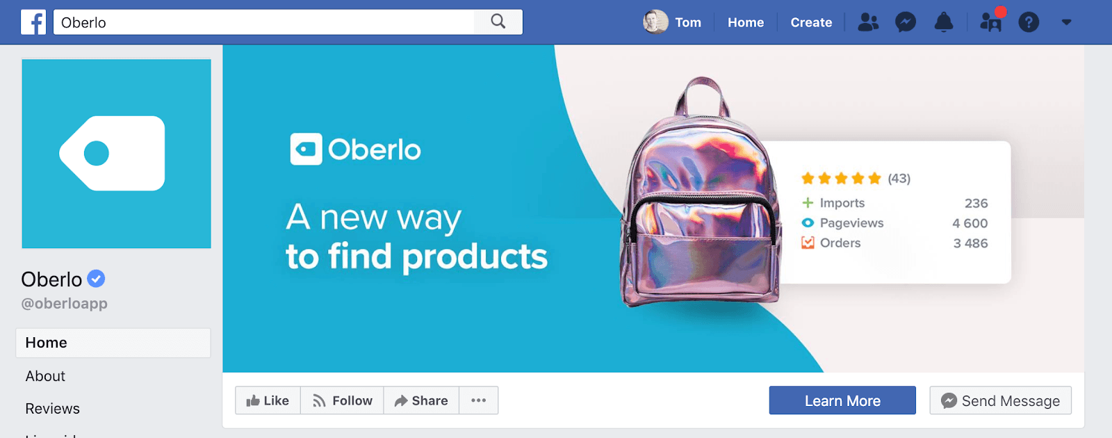 Page facebook Oberlo et photo de profil facebook
