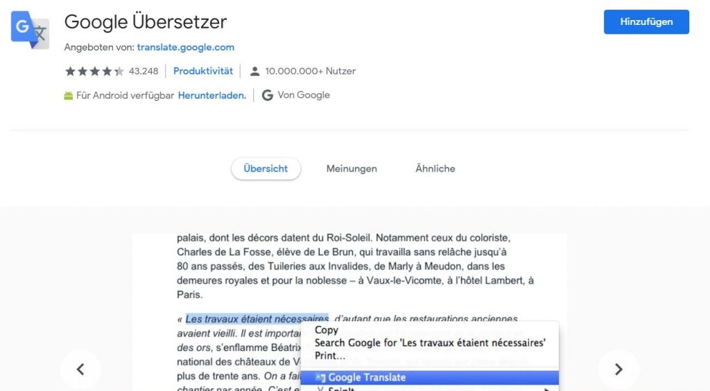Google Übersetzer als Chrome Erweiterung