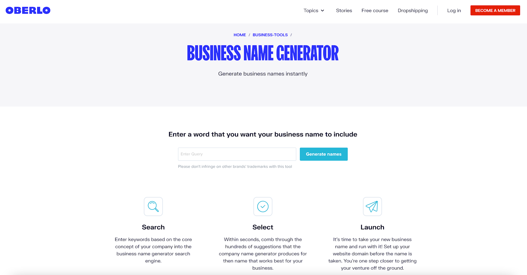 Oberlo's business name generator