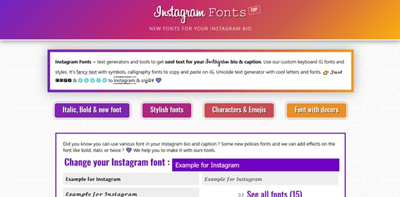 Letras para Instagram no site Instagram Fonts