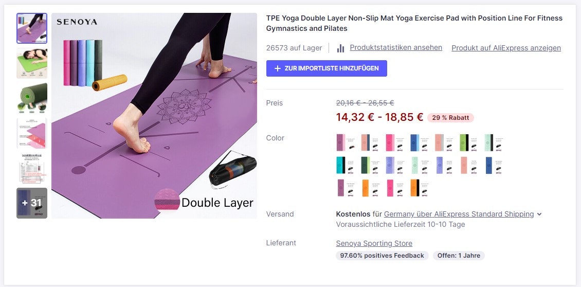 yoga matten online verkaufen screenshot ali express