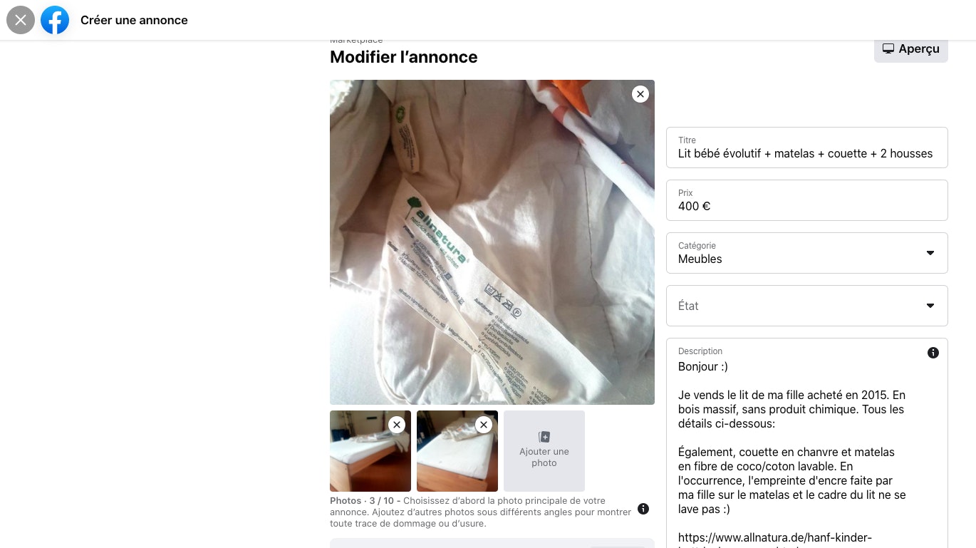 Exemple annonce Marketplace Facebook