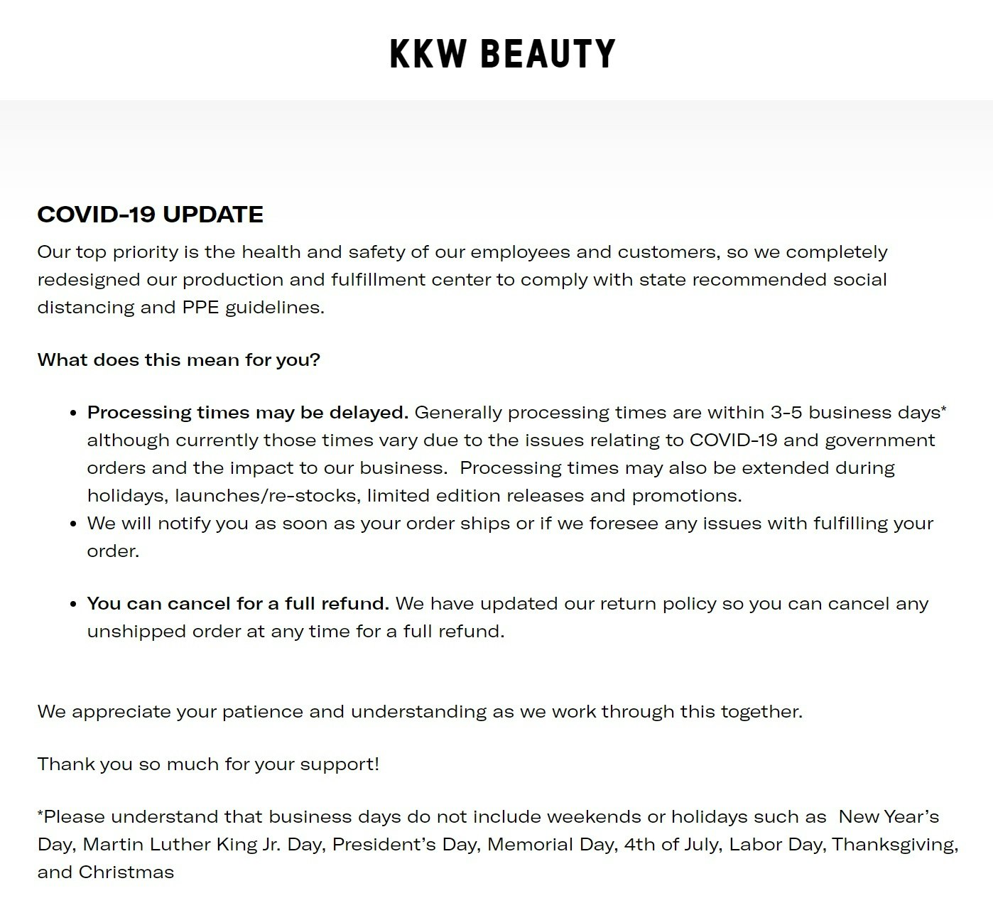 KKW Beauty shipping policy