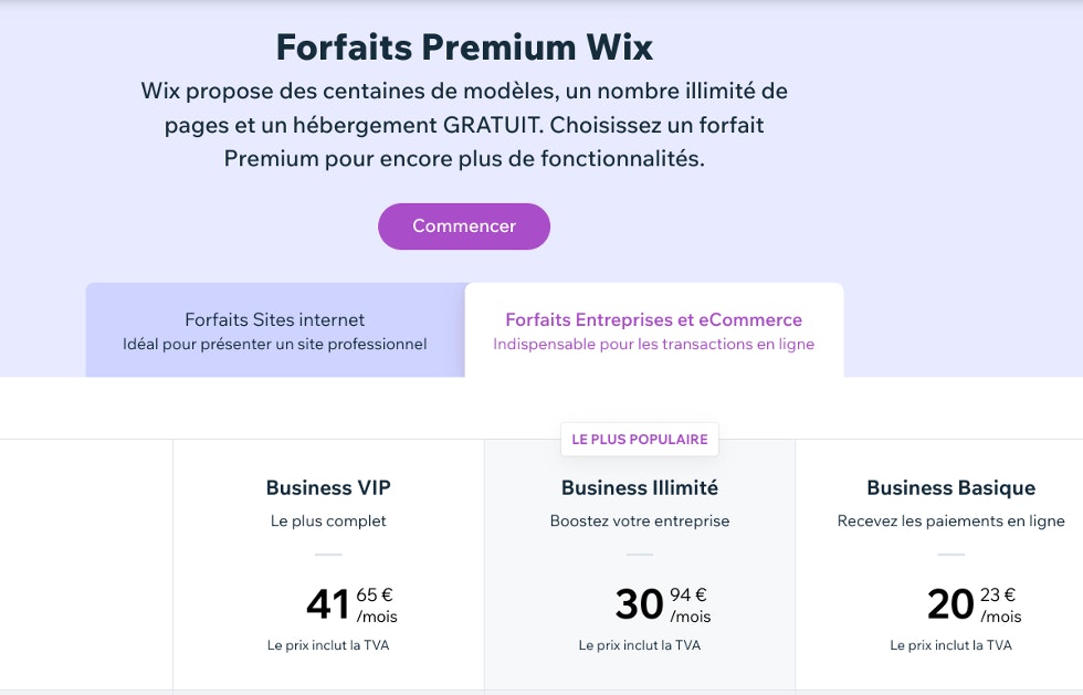 Tarifs sites e-commerce Wix