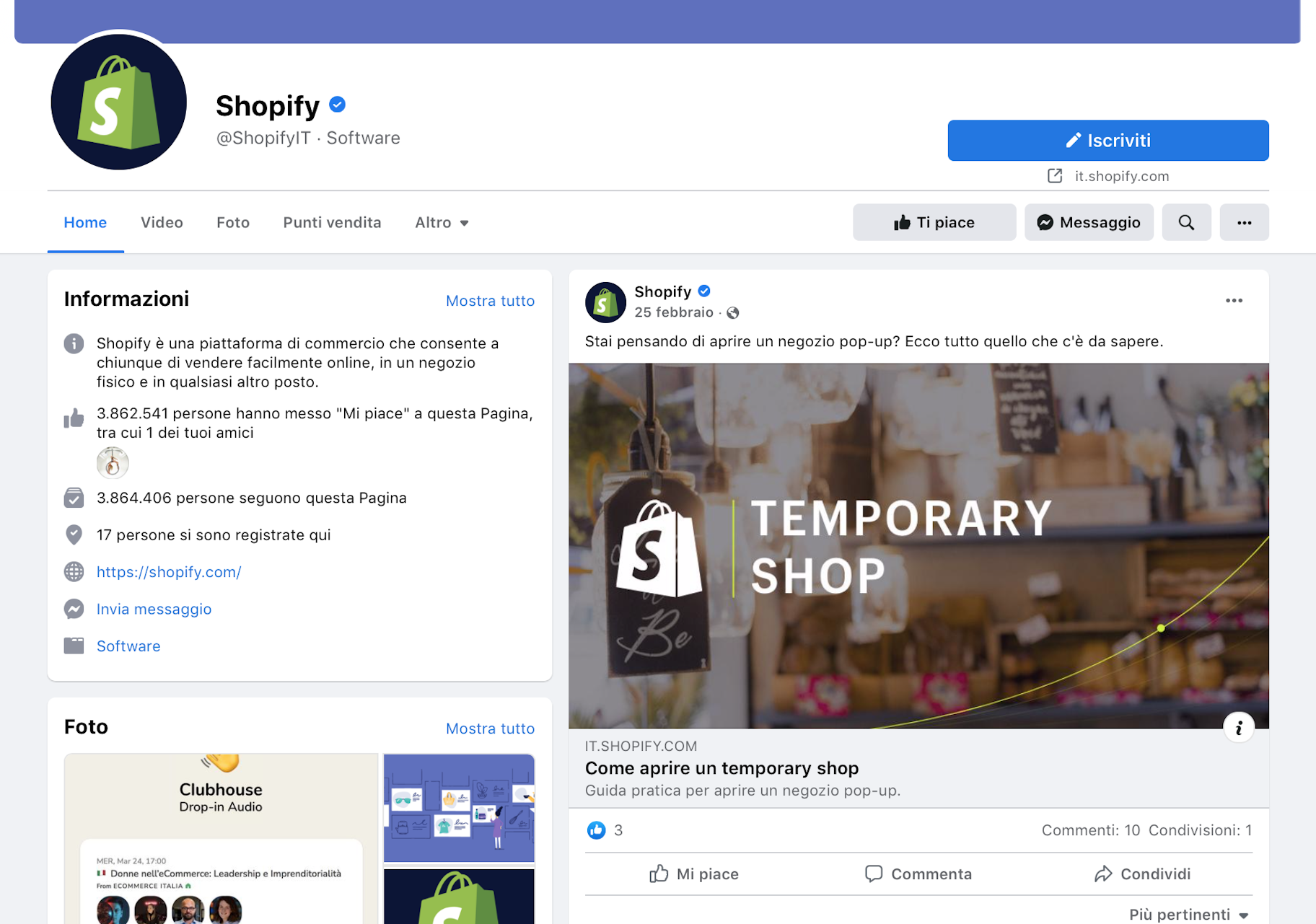 Pagina facebook shopify