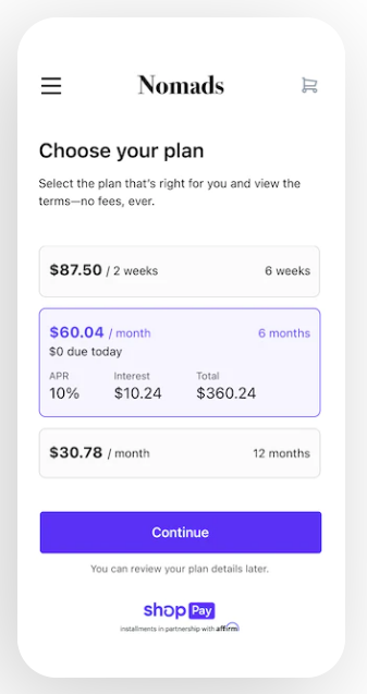 Screenshot einer Shop Pay Implementierung auf einem mobilen Angebot