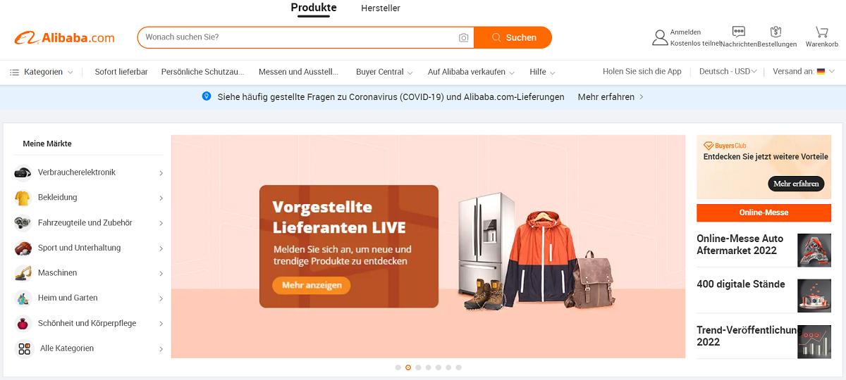  Screenshot der Website german. alibaba.com. Der Großhandelsmarktplatz aus China zählt zu den beliebtesten Plattformen weltweit.
