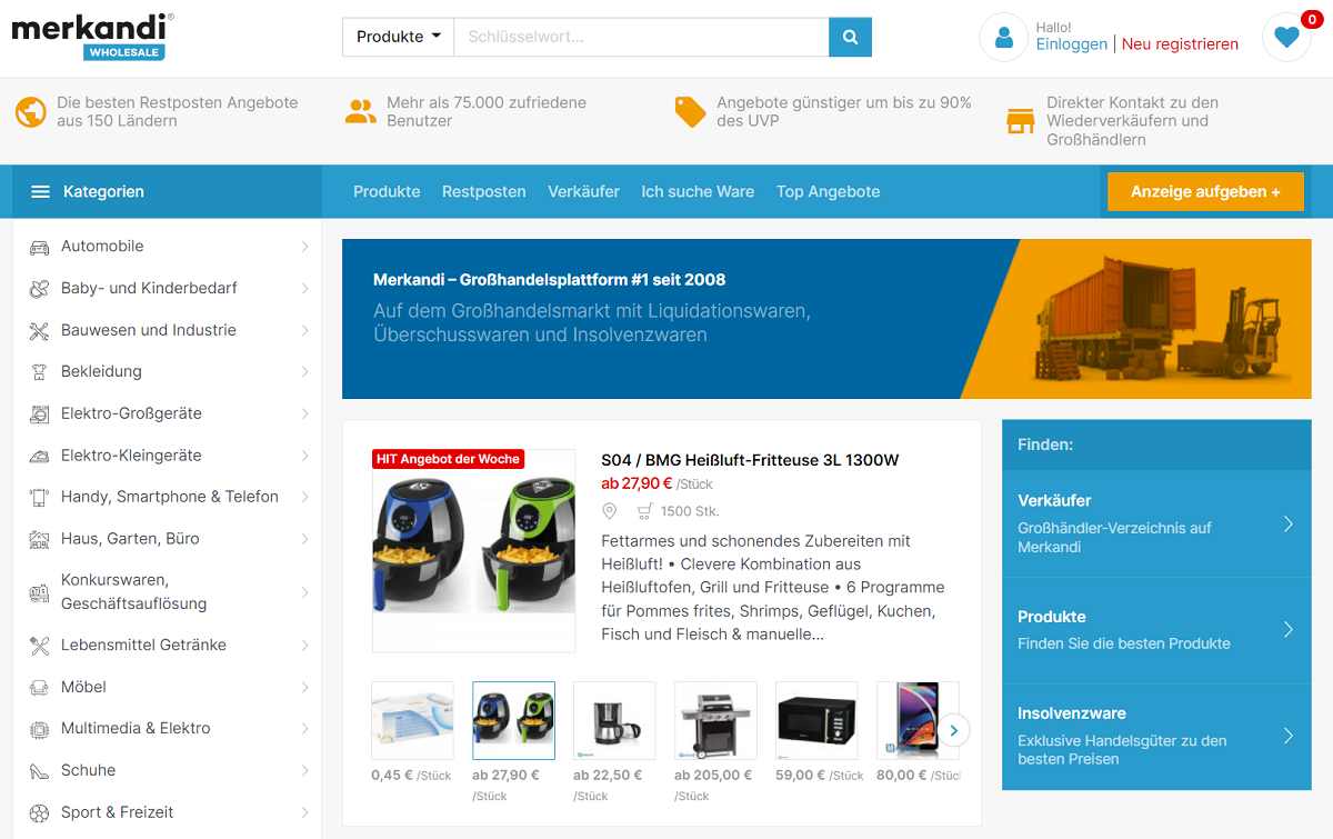Screenshot der Website merkandi.de. Merkandi ist ein internationaler Großhandelsmarktplatz, der auf Restbestände, Überproduktionen, Lagerüberhängen sowie Geschäftsauflösungen und Insolvenzen spezialisiert ist.