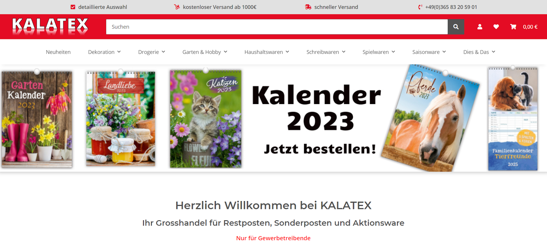 Wiederverkauf Produkte mit Kalatex - Screenshot der Homepage