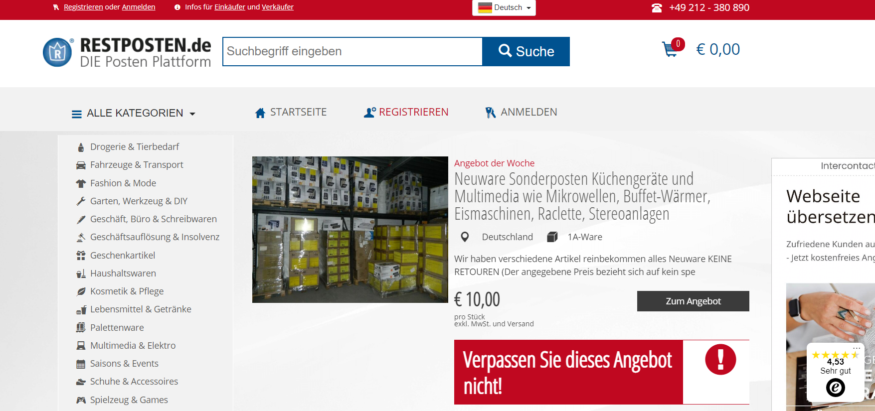 Wiederverkauf Produkte mit Restposten.de- Screenshot der Homepage