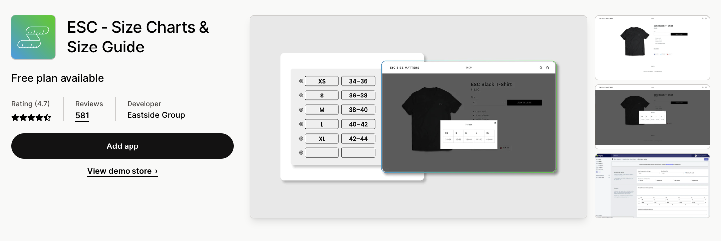 ESC ‑ Size Charts & Size Guide app in the Shopify store