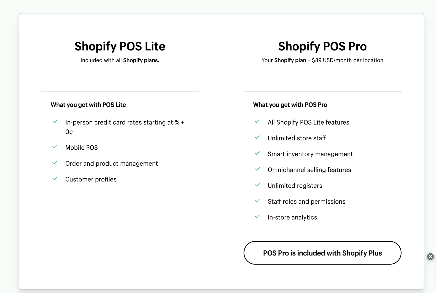 Shopify POS lite vs. POS Pro pricing
