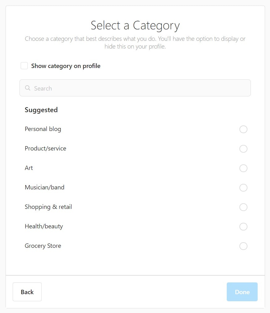 select Instagram business account category
