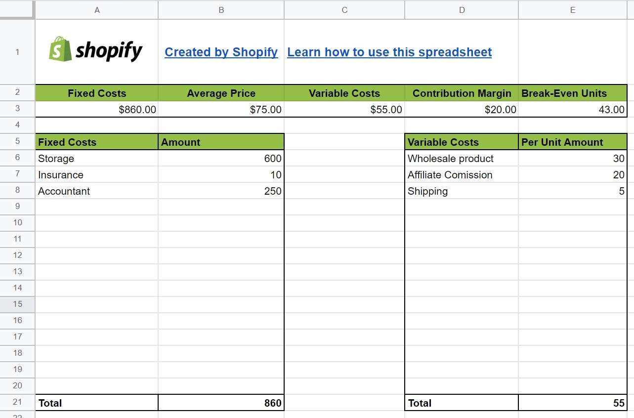 Feuille de calcul du seuil de rentabilité de Shopify