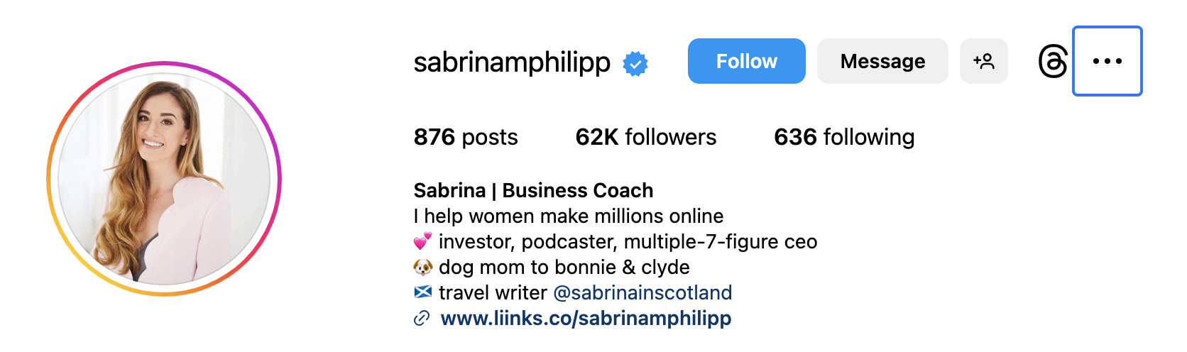 Instagram bio example: Sabrina Phillip